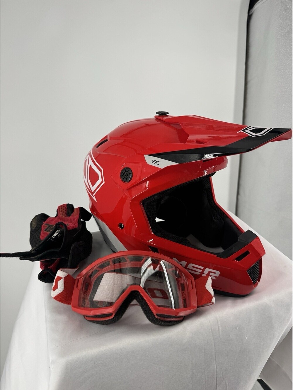 MSR SC helmet red white gloves goggles motocross dirtbike powersports